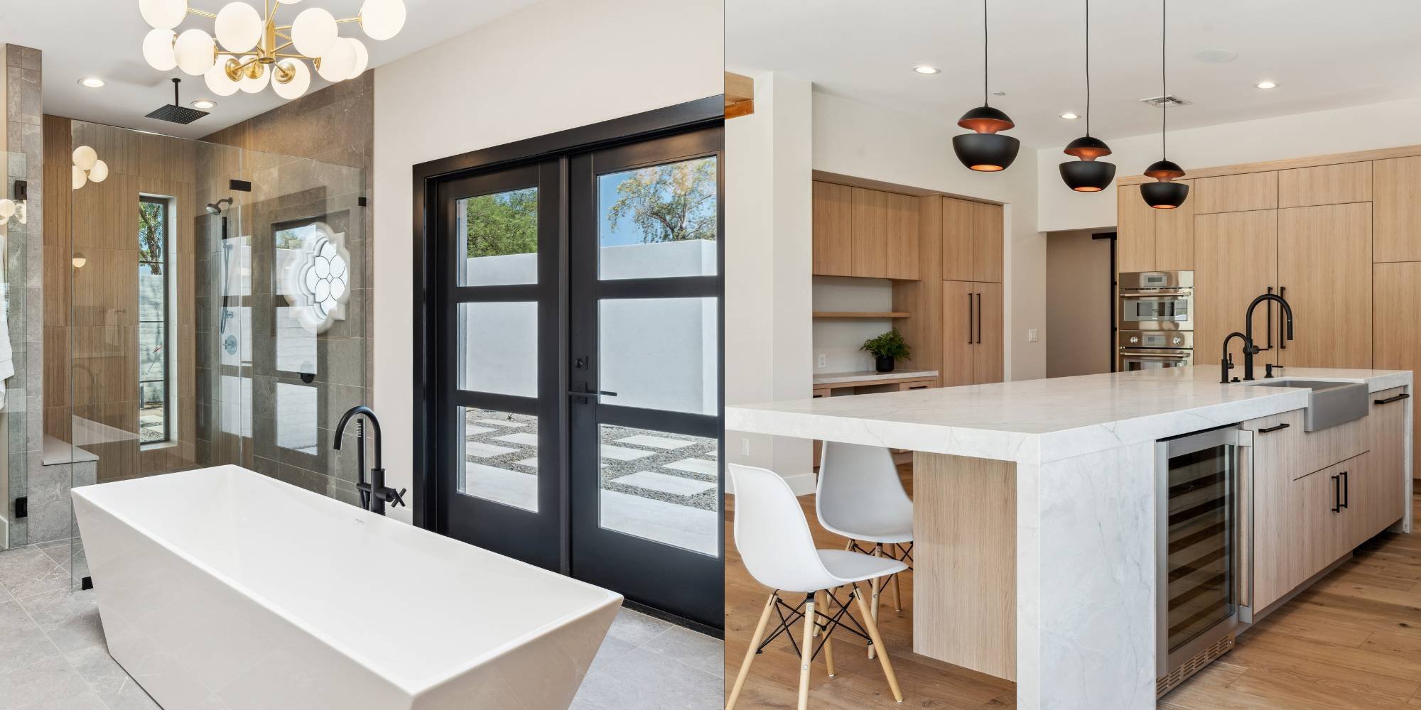 Modern kitchen and luxury bathroom in a Scottsdale custom home by Trinity Homes AZ, featuring sleek finishes and contemporary design