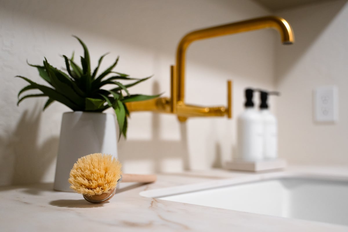 Gold wall-mounted faucet with plant decor in a Trinity Homes remodel in Gilbert, AZ